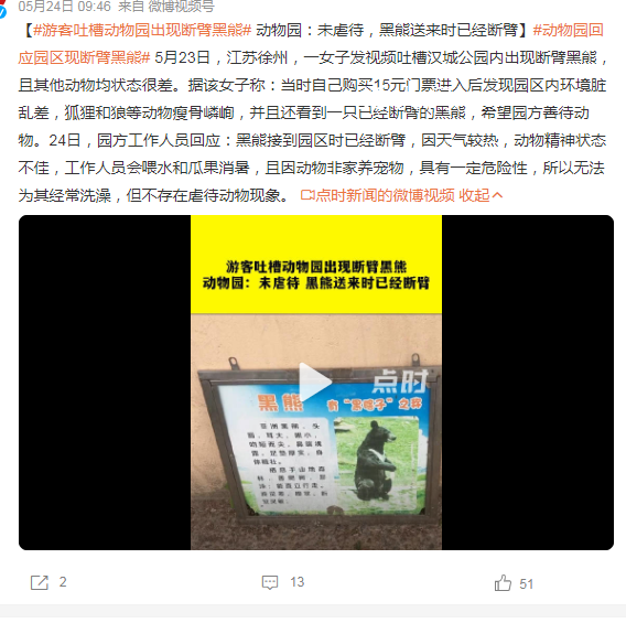游客吐槽動物園出現斷臂黑熊 不存在虐待動物現象