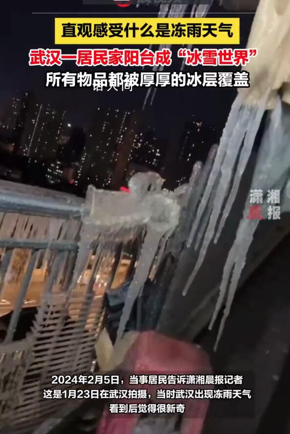 武漢一居民家陽臺成"冰雪世界" 當時武漢出現凍雨天氣看到后覺得很新奇
